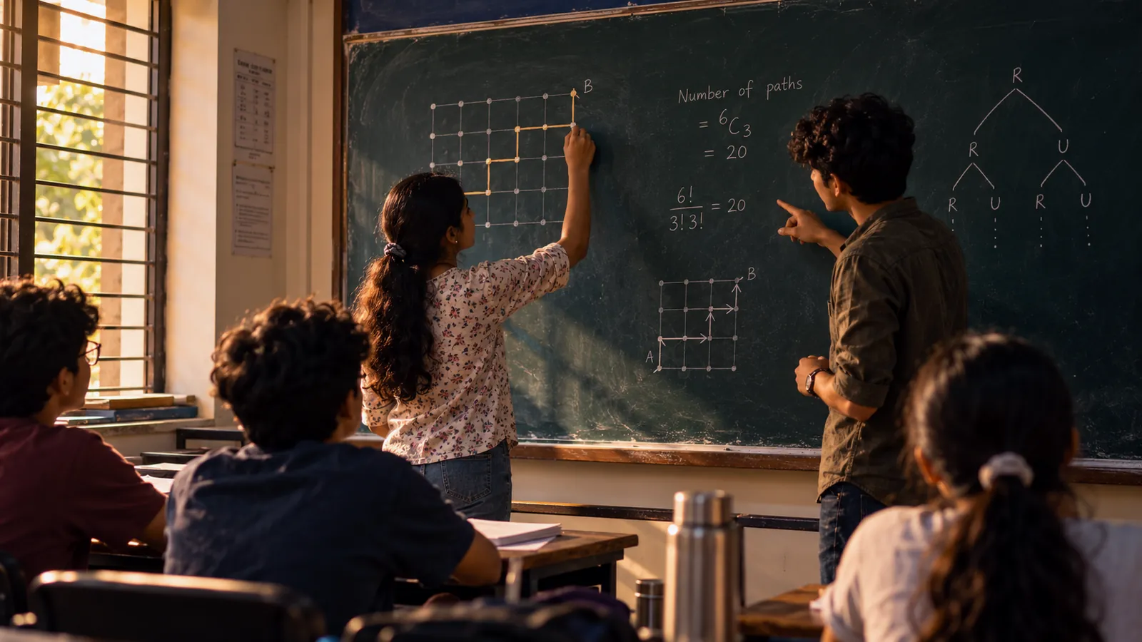 Students solving a problem together at the board