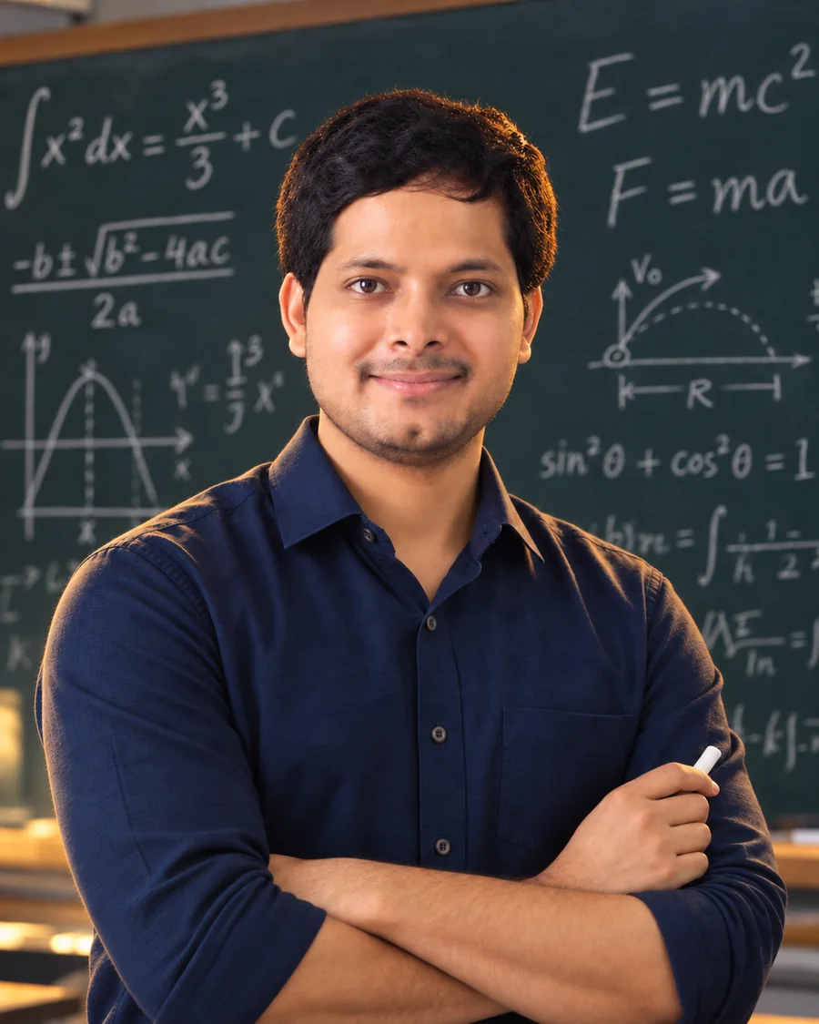 Ekaveera Gouribhatla, Founder & CEO of CWC Academy, in front of a chalkboard of maths and physics equations