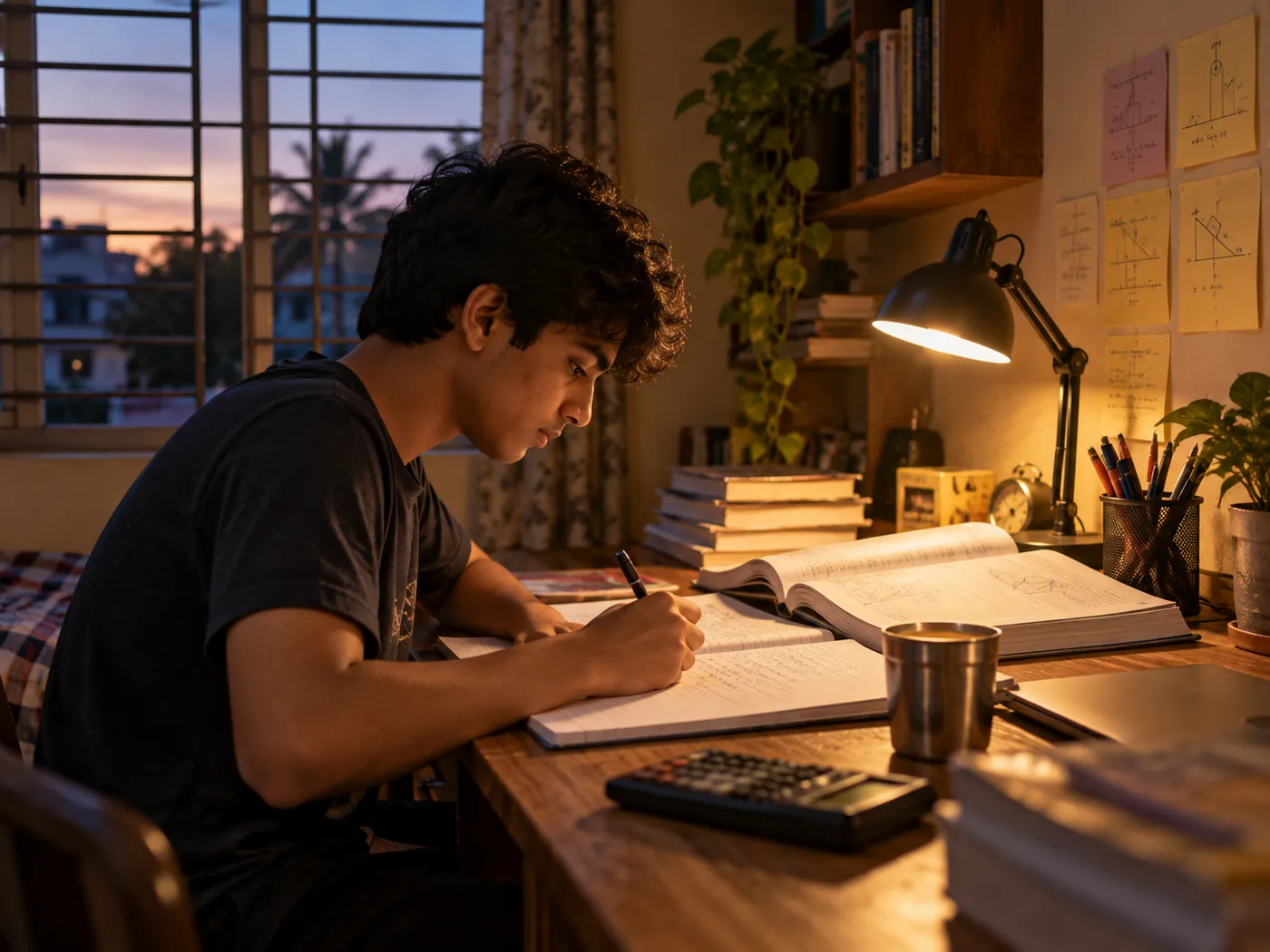 A student practising physics problems at home in the evening